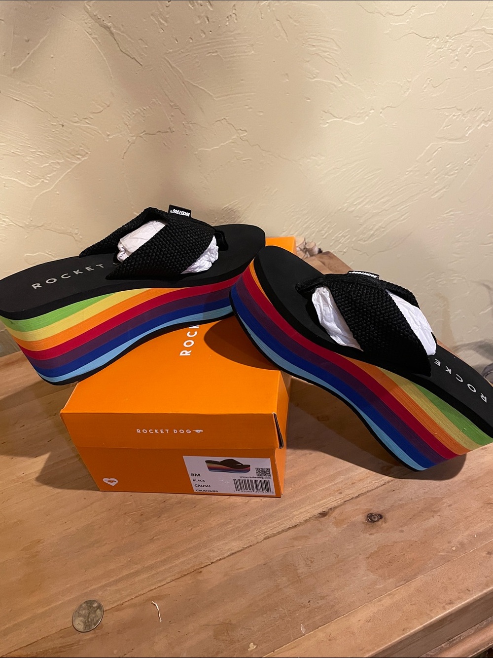 Rocket Dog Black Platform Flip Flops with Rainbow Stripes